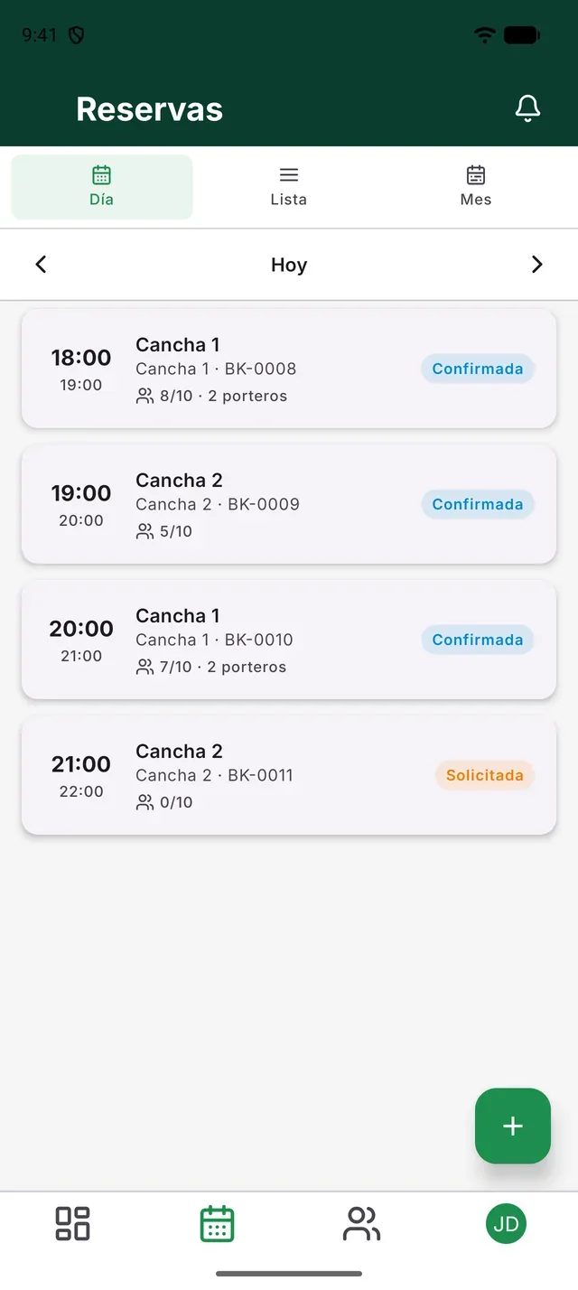 Reservas del día por cancha en JogoFut